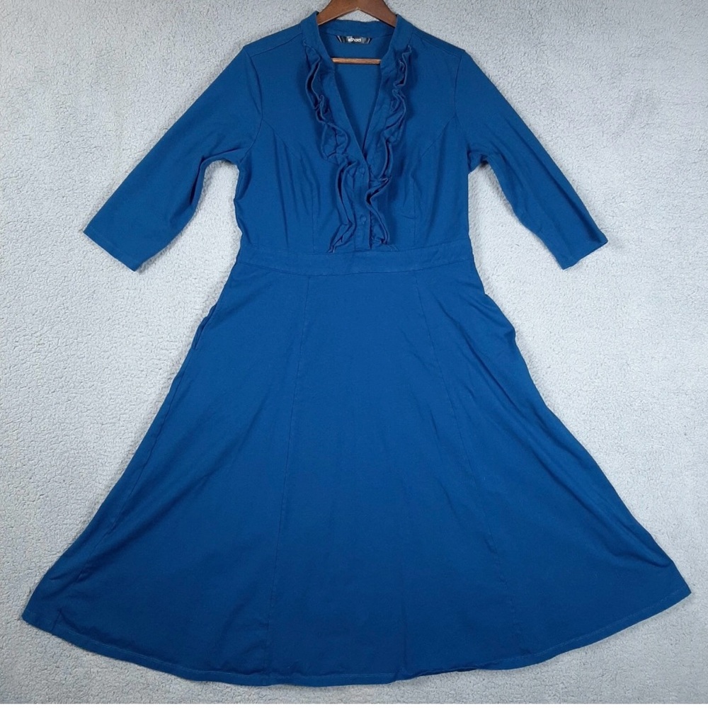 E-Shakti Elegant Ruffle neck fit & flare midi dress. Flattering. Comfortable. L